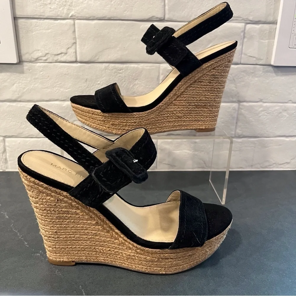 Marc Fisher sz 6 Hipiee black leather platform wedge espadrille